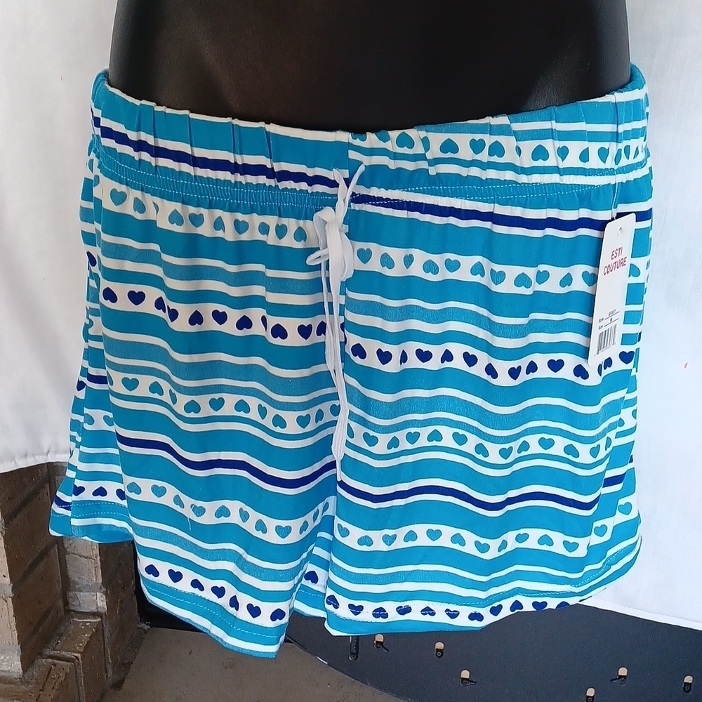 Esti Couture Shorts, striped & hearts, blue & white, Size M, 15" waist flat